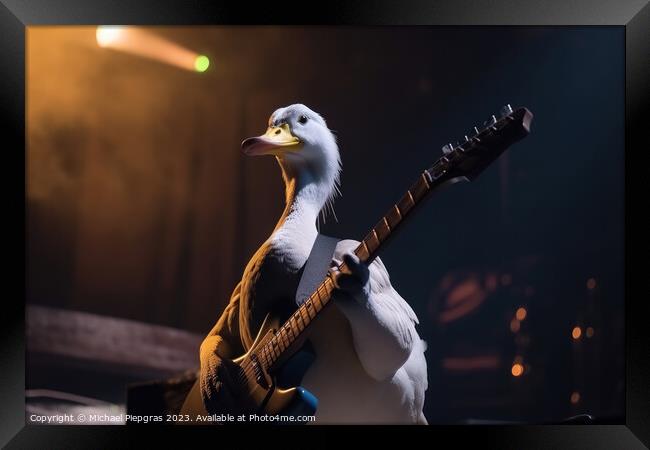 A duck plays rock music on an electric guitar with its wing on a Framed Print by Michael Piepgras