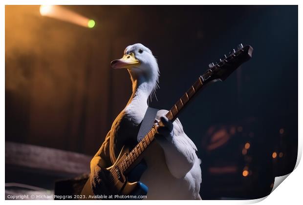 A duck plays rock music on an electric guitar with its wing on a Print by Michael Piepgras