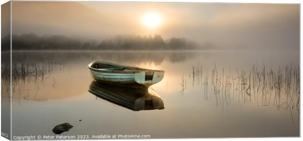Boat on Loch Venachar at Sunrise Canvas Print by Peter Paterson