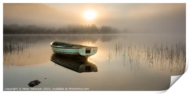 Boat on Loch Venachar at Sunrise Print by Peter Paterson
