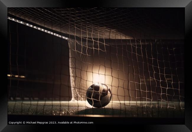 A football goal without a goalkeeper - a ball flying into the ne Framed Print by Michael Piepgras