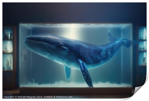 A shape of a blue whale floats as a hologram in a laboratory cre Print by Michael Piepgras