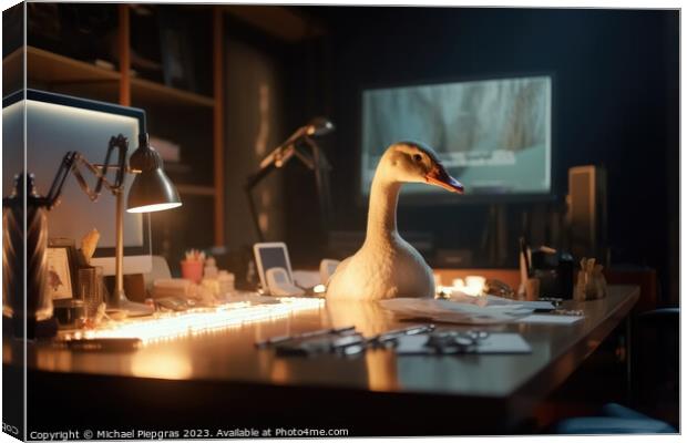 A goose with white feathers works hard at a desk in the office c Canvas Print by Michael Piepgras