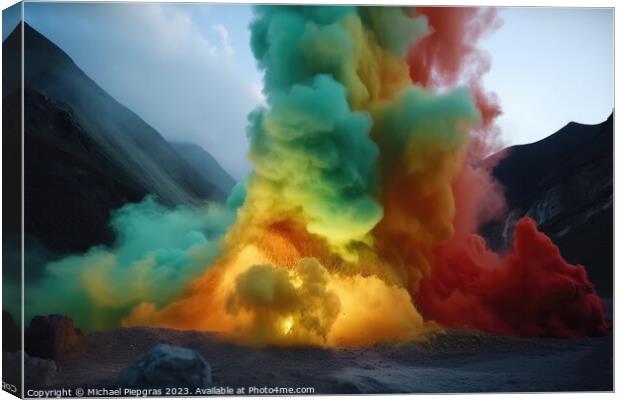A huge volcano seen from far away erupting rainbow colored colou Canvas Print by Michael Piepgras