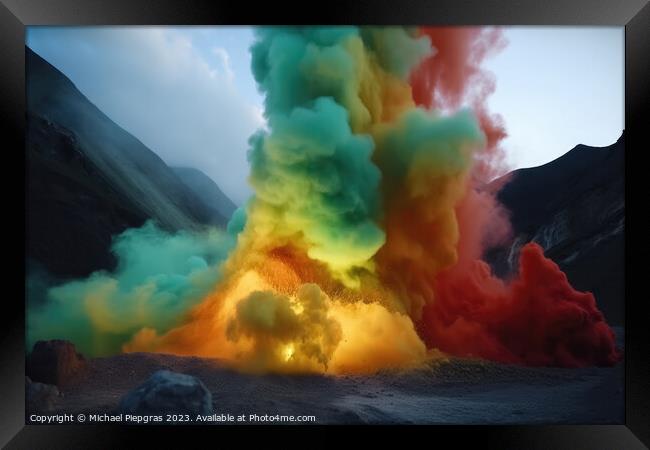 A huge volcano seen from far away erupting rainbow colored colou Framed Print by Michael Piepgras