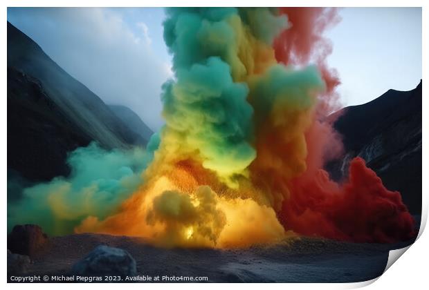 A huge volcano seen from far away erupting rainbow colored colou Print by Michael Piepgras
