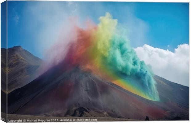 A huge volcano seen from far away erupting rainbow colored colou Canvas Print by Michael Piepgras