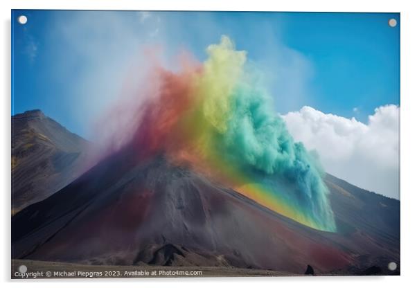 A huge volcano seen from far away erupting rainbow colored colou Acrylic by Michael Piepgras