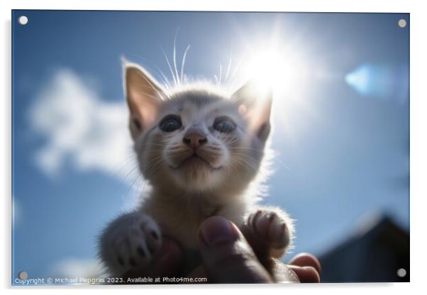 A human hand holds a small kitten in the air sunlight from the f Acrylic by Michael Piepgras