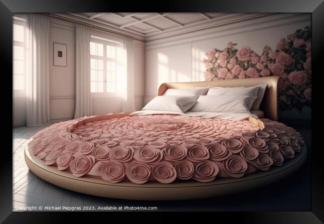 A king size bed made completely of roses created with generative Framed Print by Michael Piepgras