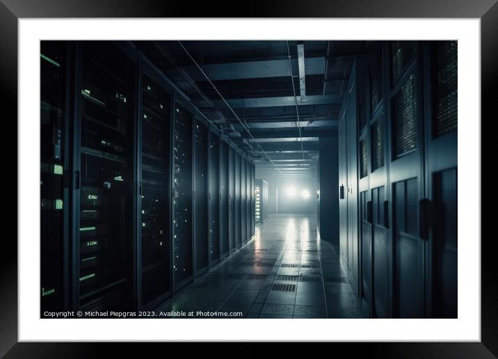 A large data centre with many computer racks in dark light with  Framed Mounted Print by Michael Piepgras