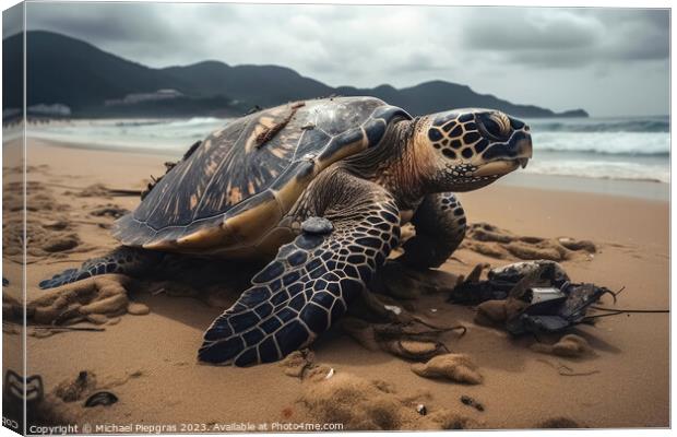 A large turtle drags itself onto a beach created with generative Canvas Print by Michael Piepgras