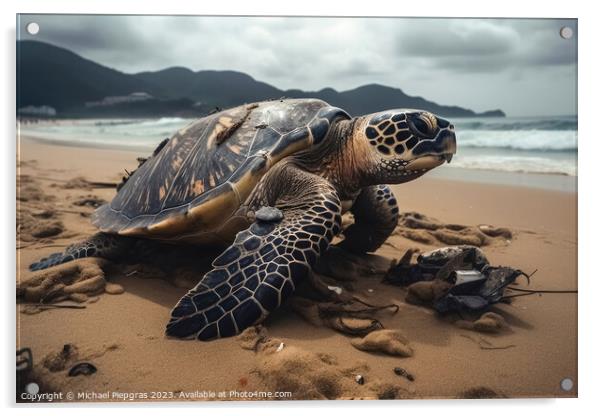 A large turtle drags itself onto a beach created with generative Acrylic by Michael Piepgras