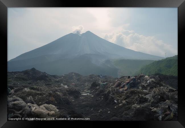 A large volcano and a huge amount of plastic waste on the landsc Framed Print by Michael Piepgras