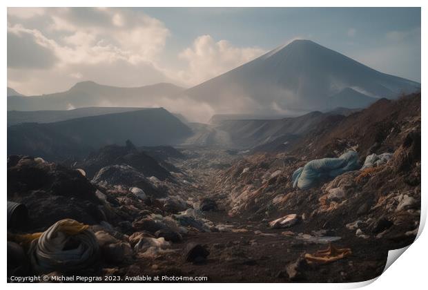 A large volcano and a huge amount of plastic waste on the landsc Print by Michael Piepgras