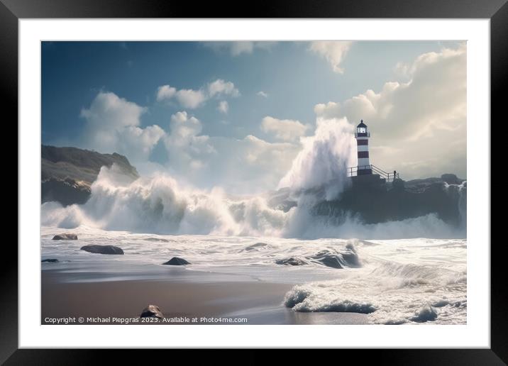 A beach with huge waves on the cliffs created with generative AI Framed Mounted Print by Michael Piepgras