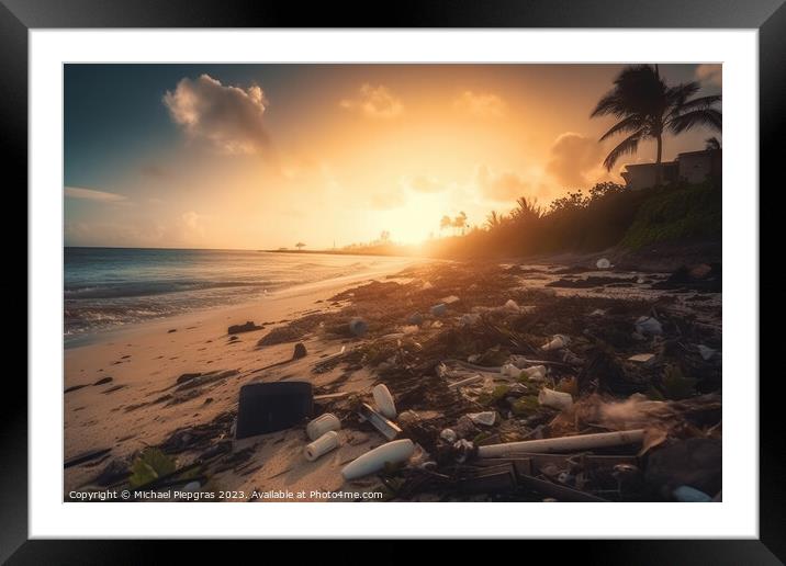 A lot of plastic waste on a tropical dream beach created with ge Framed Mounted Print by Michael Piepgras