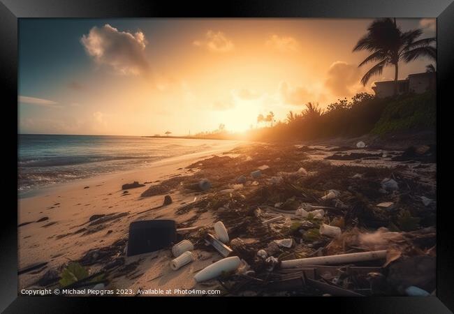 A lot of plastic waste on a tropical dream beach created with ge Framed Print by Michael Piepgras