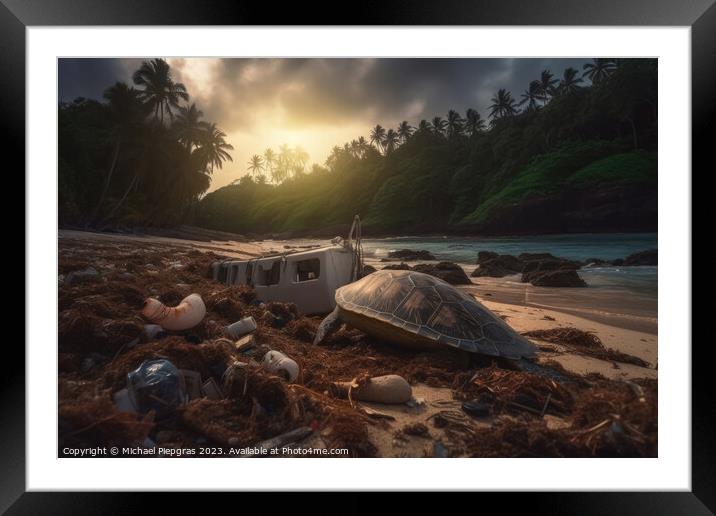 A lot of washed-up plastic waste on a tropical dream beach a lar Framed Mounted Print by Michael Piepgras