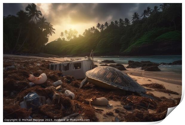 A lot of washed-up plastic waste on a tropical dream beach a lar Print by Michael Piepgras