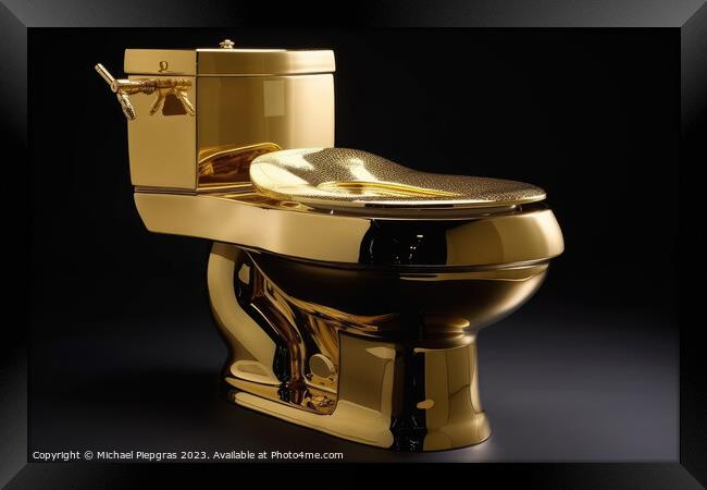 A luxurious toilet made of pure gold created with generative AI  Framed Print by Michael Piepgras