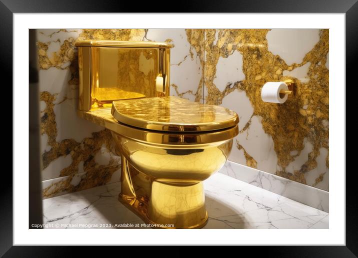 A luxurious toilet made of pure gold created with generative AI  Framed Mounted Print by Michael Piepgras