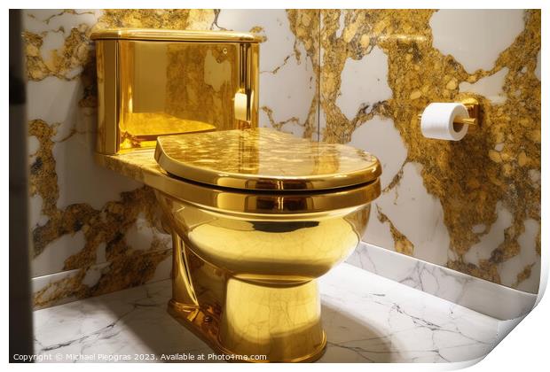 A luxurious toilet made of pure gold created with generative AI  Print by Michael Piepgras