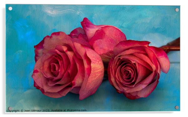 Three Pink Roses on Textured Background. Acrylic by Jean Gilmour