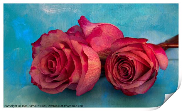 Three Pink Roses on Textured Background. Print by Jean Gilmour