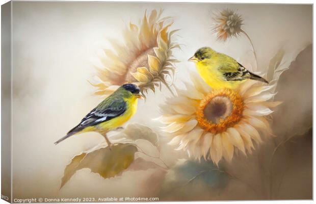 Goldfinches and Sunflowers Canvas Print by Donna Kennedy