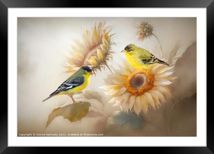 Goldfinches and Sunflowers Framed Mounted Print by Donna Kennedy