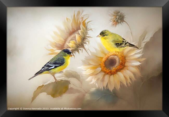 Goldfinches and Sunflowers Framed Print by Donna Kennedy