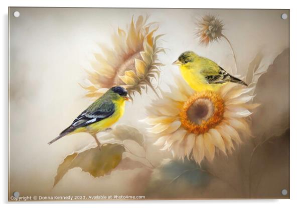 Goldfinches and Sunflowers Acrylic by Donna Kennedy