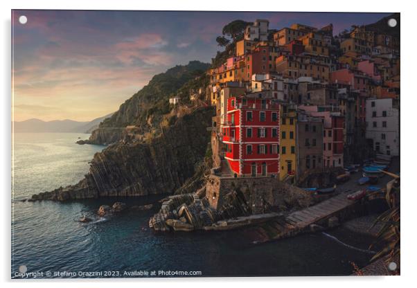 Riomaggiore village view at sunset. Cinque Terre, Italy Acrylic by Stefano Orazzini