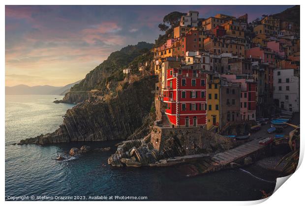 Riomaggiore village view at sunset. Cinque Terre, Italy Print by Stefano Orazzini