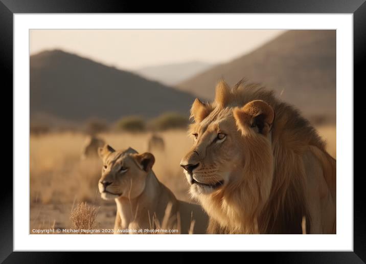 A male lion and a female lion in the background created with gen Framed Mounted Print by Michael Piepgras