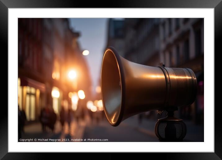 A megaphone mde of gold in the background a street in a big city Framed Mounted Print by Michael Piepgras