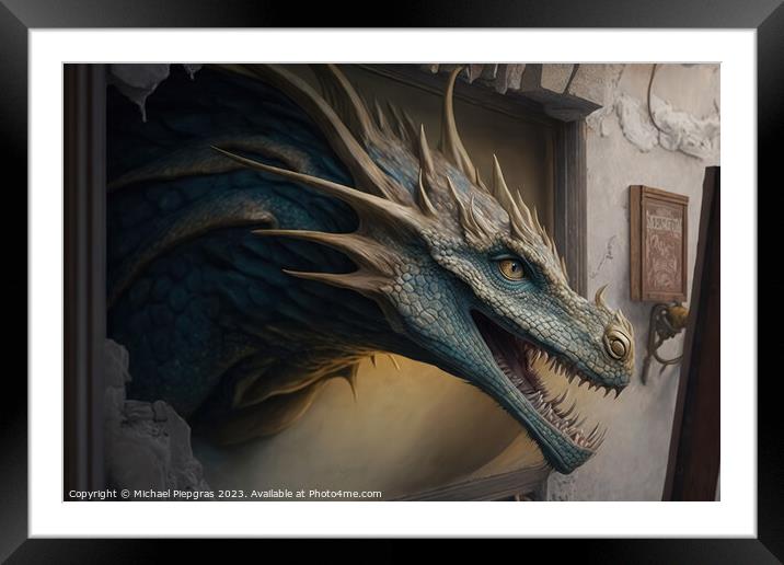 A painting of a dragon climbing halfway out of the painting crea Framed Mounted Print by Michael Piepgras