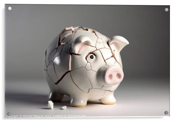 A sad piggy bank with cracks and a plaster indicates insolvency  Acrylic by Michael Piepgras