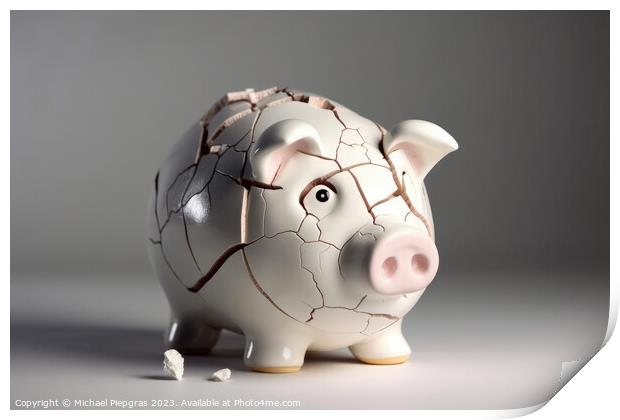 A sad piggy bank with cracks and a plaster indicates insolvency  Print by Michael Piepgras