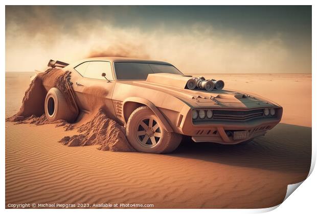 A fast muscle car churns up sand in a desert created with genera Print by Michael Piepgras