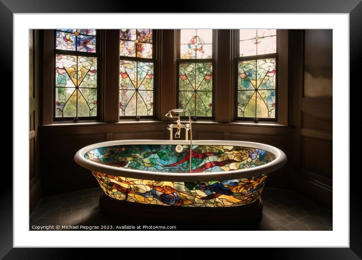 A stained glass bathtub created with generative AI technology. Framed Mounted Print by Michael Piepgras