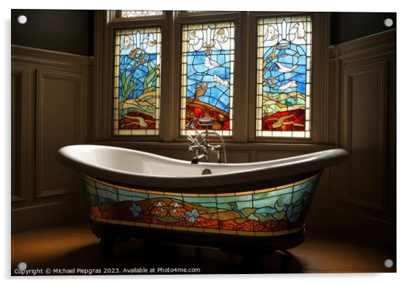 A stained glass bathtub created with generative AI technology. Acrylic by Michael Piepgras
