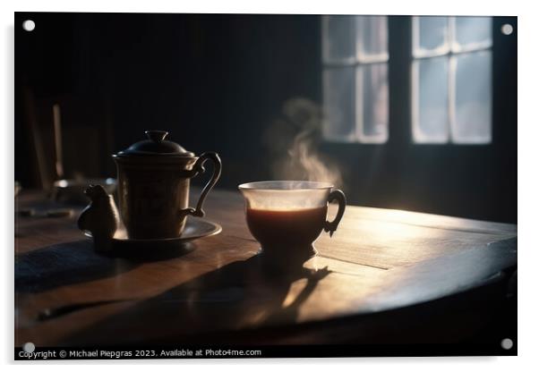 A steaming cup of tea on a table in a cosy old room created with Acrylic by Michael Piepgras