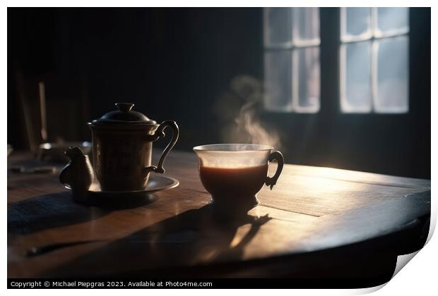A steaming cup of tea on a table in a cosy old room created with Print by Michael Piepgras