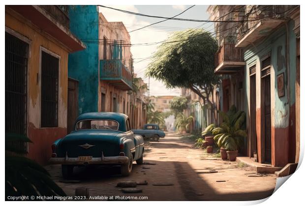 A Street in a town in a cubanic look with a lot of old rusty car Print by Michael Piepgras