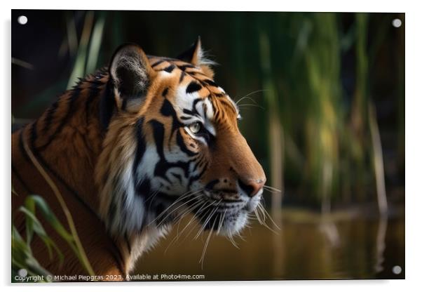 A strong tiger in the high grass at a river created with generat Acrylic by Michael Piepgras