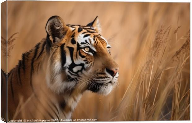 A strong tiger in the high grass at a river created with generat Canvas Print by Michael Piepgras