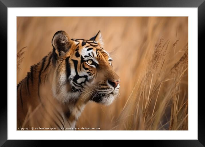 A strong tiger in the high grass at a river created with generat Framed Mounted Print by Michael Piepgras