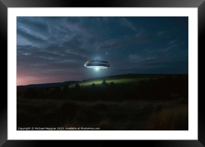 A UFO with a spotlight pointed at the bottom of the landscape -  Framed Mounted Print by Michael Piepgras